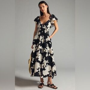 Anthropologie Tiered Flutter-Sleeve Dress Sz M